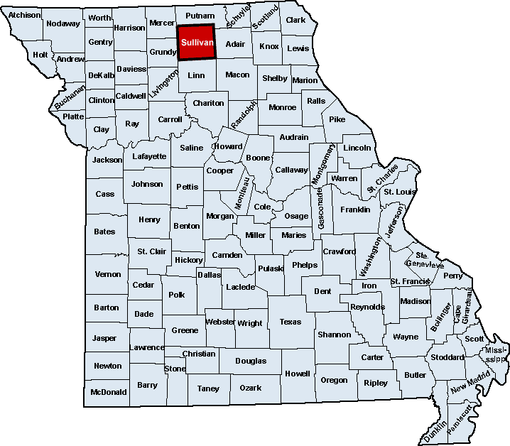 Map of Missouri showing all counties. Sullivan is outlined heavier than the others and is colored red.